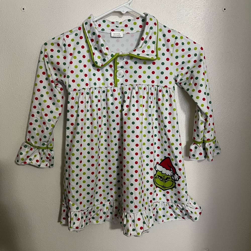 NO BRAND Polka Dot Ruffles Christmas The‎ Grinch Tunic Shirt Red Green Girls 4T